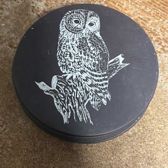 Five VTG 70's Slate Animal Coasters, Badger, Owl, Rabbit, Fox, Hedgehog 3.25" - Picture 15 of 16